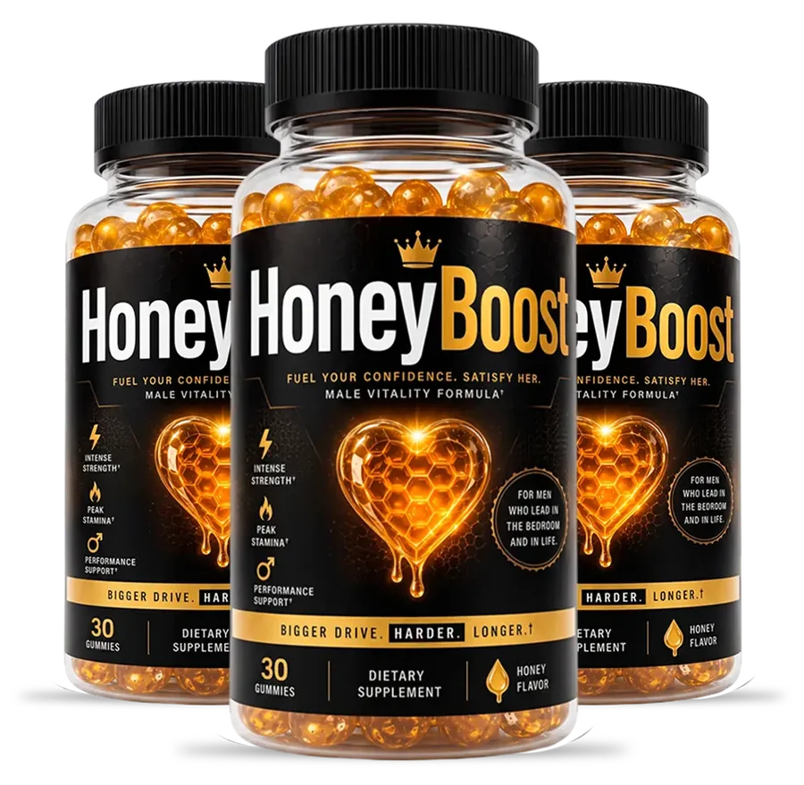 3 HoneyBoost gummy bottles with black and gold labels