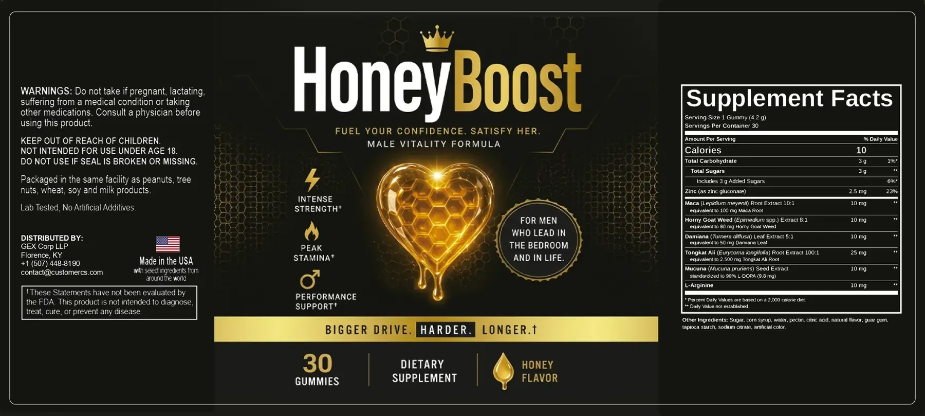 The full HoneyBoost label wrap laid flat, black and gold: warnings, the allergen line, the distributor and the FDA statement at the left; the HoneyBoost name, the line MALE VITALITY FORMULA, three dagger claim lines, a honeycomb heart, a round badge, a gold bar and the 30 gummies, dietary supplement and honey flavor strip in the middle; and the Supplement Facts panel on the right